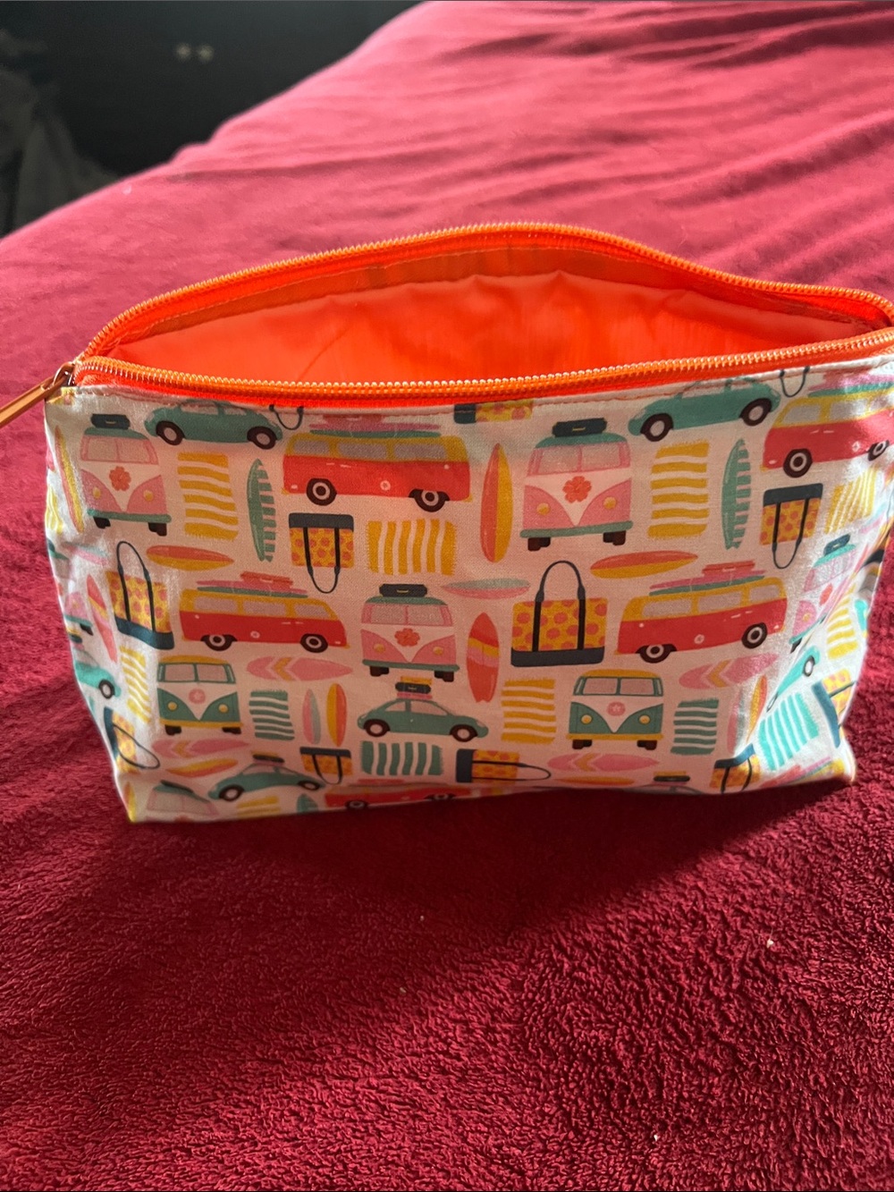 Surf Van Pattern Cosmetic Pouch in Coral, Teal & Yellow